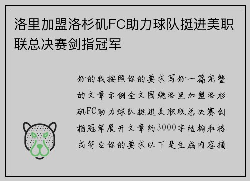 洛里加盟洛杉矶FC助力球队挺进美职联总决赛剑指冠军