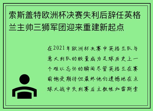 索斯盖特欧洲杯决赛失利后辞任英格兰主帅三狮军团迎来重建新起点